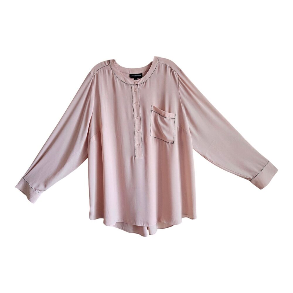 LANE BRYANT Women Plus 22 24 Tunic Blouse Coral 1/2 Buttons Black Stitching 54"